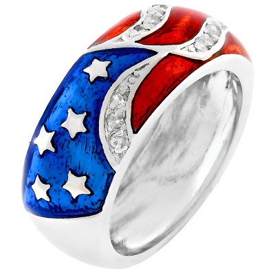 Slickblue Eye-Catching Patriot Enamel Ring with Cubic Zirconia Stripes, Size 5 to 10