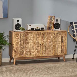 Boho Wood Storage Cabinet,Acacia Wood Accent Cabinet with Carved Floral Doors and Shelf,Long Sideboard Cabinet for Living Room-Coolbibila - 1 of 4
