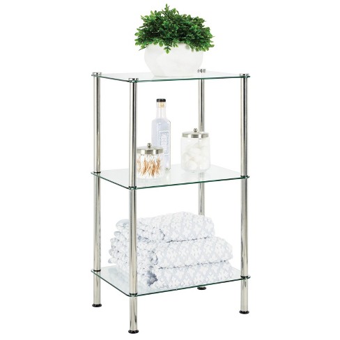 mDesign 4-Tier Glass/Metal Standing Shelf Organizer Display Unit, Chrome/ Clear