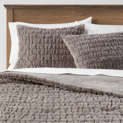 Twin/Twin Extra Long Ruched Faux Fur Comforter & Sham Set Gray - Threshold™