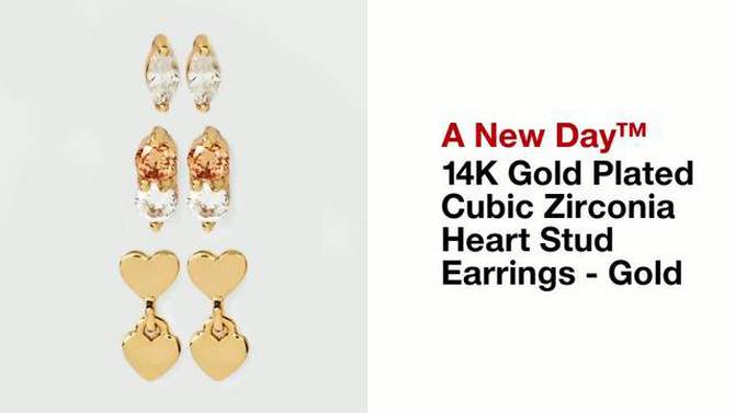 14K Gold Plated Cubic Zirconia Heart Stud Earring Set 3pc - A New Day&#8482; Gold, 2 of 5, play video