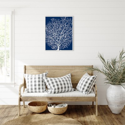 Navy and White Coral Print on Canvas with Beaded Frame