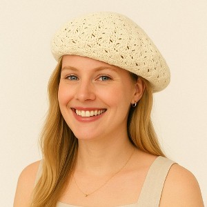 Anna-Kaci Women's Lightweight Crochet Beret Hat with Open Knit Pattern and Soft Stretch Fit - 1 of 4