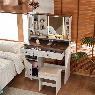 Vanity Desk Farmhouse with LED Mirror and Charging Station for Bedroom 37.4in Wide-3irtyhousy