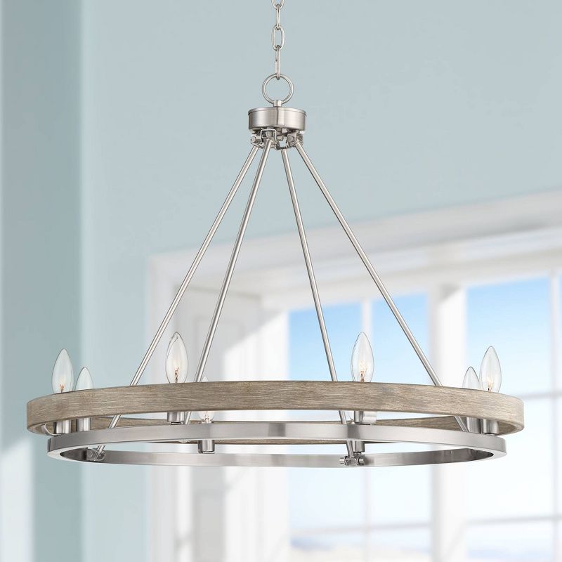 Possini Euro Design Brushed Nickel Graywood Wagon Wheel Chandelier 29 1/4" Wide Farmhouse Rustic 8-Light Fixture Dining Room Kitchen Island Entryway, 2 of 10