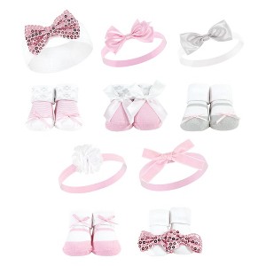 Hudson Baby Infant Girl 12Pc Headband and Socks Set, Pink Gray Pink Sequin, 0-9 Months - 1 of 3
