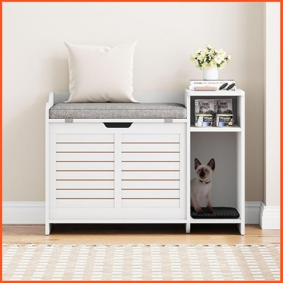 Homhougo Cat Litter Box Enclosure, Large Hidden Litter Box Furniture with Top Opening, Cushion, Storage Shelf, Litter Mat