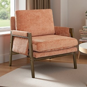 Velvet Mid-Century Accent Armchair with Padded Armrests and Rubberwood Frame - 1 of 4