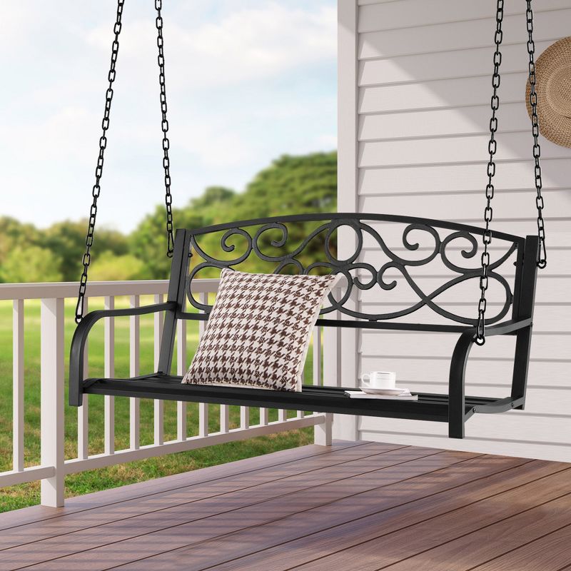 Tangkula Patio Hanging Porch Swing Outdoor 2-Person Metal Swing Bench Chair w/ Chains, 2 of 10