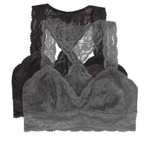 Jezebel by Felina Women's Lace Bralette 2 Pack (Black Castlerock, Large)