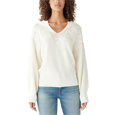 Lucky Brand Womens Embroidered Notch-neck Pullover Sweater