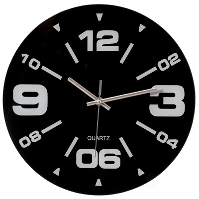 Quickway Imports Black Decorative Unique Modern Round Glass Wall Clock, for Living Room, Kitchen, Dining or Bedroom