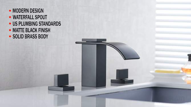 Sumerain Widespread Waterfall Matte Black Bathroom Faucet 3 Hole 2 Handle 8 Inch Vanity Sink Faucet, 2 of 10, play video