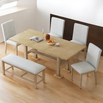 Farmhouse 76" 6-Piece Extendable Dining Table Set with Removable Leaf, Upholstered Chairs & Bench for Dining Room and Kitchen