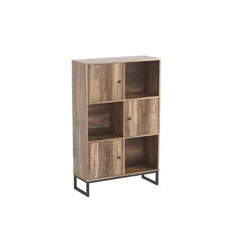 Year Color 3 Tier Free-Standing Modern Open Brown Wood Narrow Bookcase With Doors, Legs And 2X3 Cube Storage Organizer For Office or Library