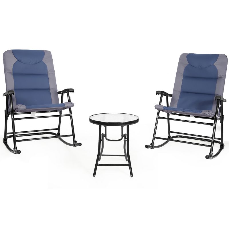 Costway 3PCS Folding Bistro Set Rocking Chair Cushioned Table Garden Blue, 1 of 11