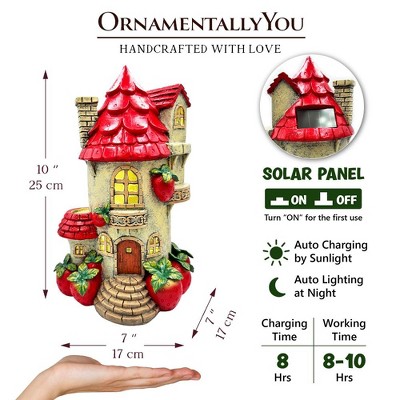 Solar Powered Red and Beige Resin Fairy Cottage Statue, 10"