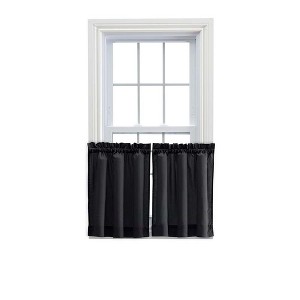 Ellis Stacey Solid Color Window 1.5" Rod Pocket High Quality Fabric Tailored Tier Pair, Black - 1 of 4