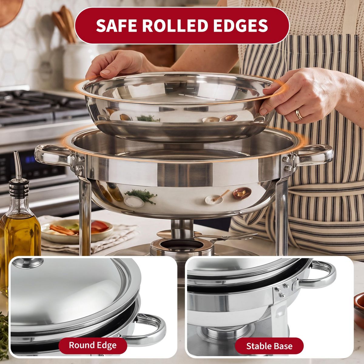 2-Pack Round Chafing Dish Buffet Set, Stackable Stainless Steel Food Warmer with Lid & Water Pan for Catering, Weddings, Parties, Hot & Cold - thumbnail 3