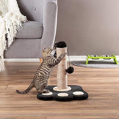 PETMAKER Cat Scratching Post with Sisal Rope, Paw Shaped Base and Hanging Toy Ball, 13" L X 13" W X 15" H, 2.95 LBS, Black / White