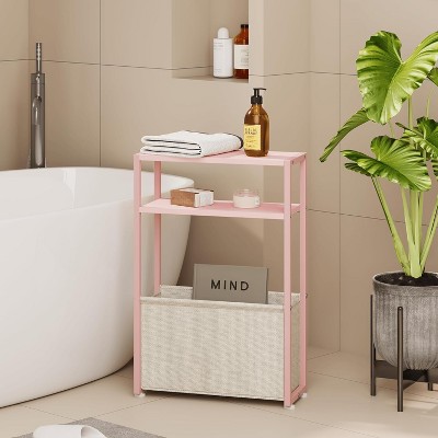 Narrow Side Table, Slim End Tables with Fabric Basket, Skinny Table for Small Spaces, Thin Bedside Table