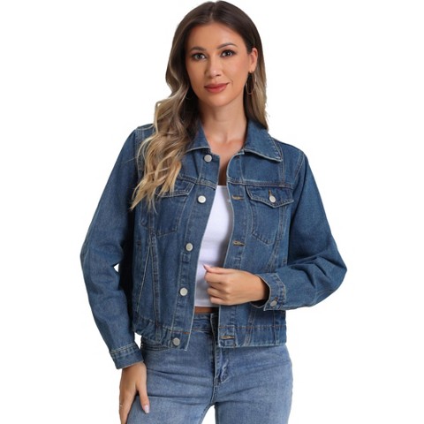 Allegra K Women's Vintage Casual Collar Long Sleeve Button Down Jean Denim Jacket Dark Blue Medium