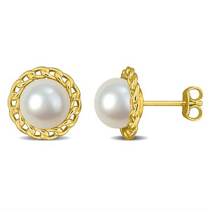 EVERLY JEWELRY | Yellow Plated Sterling Silver 8 - 8.5 MM Cultured Freshwater Pearl Halo Link Stud Earrings - 1 of 4