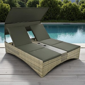 Outdoor Patio Rattan Daybed Sunbed with Canopy and Adjustable Backrest, Storage Box and 2 Cup Holders - 1 of 4