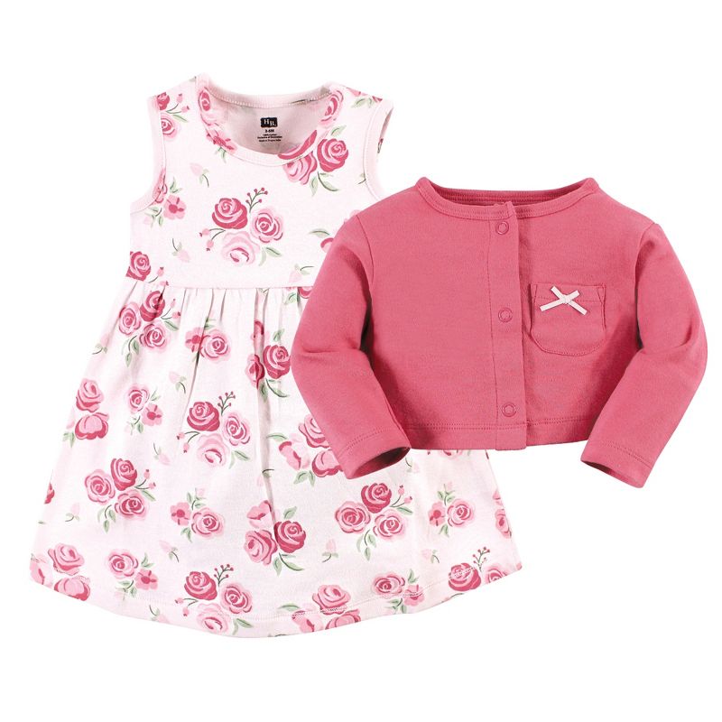 Hudson Baby Infant and Toddler Girl Cotton Dress and Cardigan Set, Blush Rose, 3 of 6