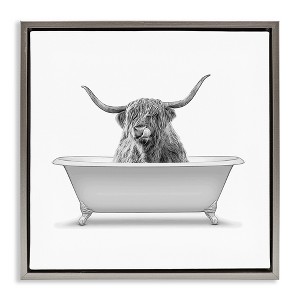 Stupell Industries Longhorn Highland Cow Bath Tub Floating Frame Canvas Art, Gray, 18" x 18" - 1 of 4