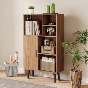4 Tier Mid-Century Small Bookcase with Legs, Wood Bookshelf with Door, Multi-Functional Cube Storage Organizer for Living Room, Bedroom - 1 of 4