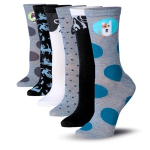 Tipi Toe Women's 6 Pack Colorful Monochrome Paws & Dots Patterned Lightweight Crew Socks - 1 of 1