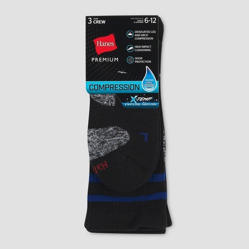 Hanes Premium Men's Compression Crew Socks 3pk - Black/blue 6-12 : Target