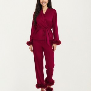 Anna-Kaci Lounge Women's 2-Piece Set Satin Wrap Long Sleeve Feather Trim Top and Straight Leg Pants - 1 of 4