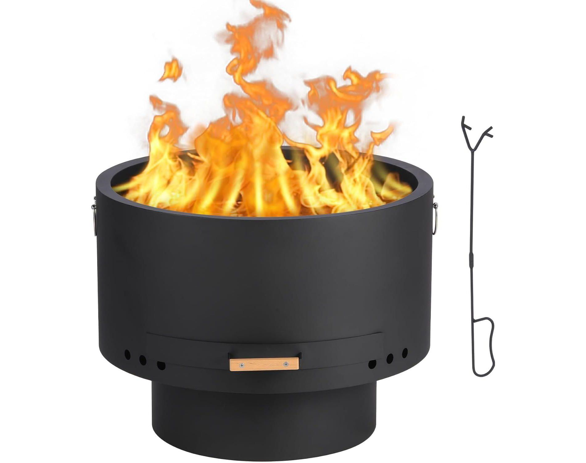 Acekool 26" Smokeless Fire Pit - Portable Wood Burning Fireplace with Removable Ash Pan & Hardwood Lid for Backyard, Camping (Black)