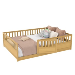 Gulches Montessori-Style Full Size Wooden Floor Bed with Super High Security Barrier, Door & Support Slat, Natural Wood - 1 of 4