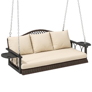 Outsunny 3 Person Outdoor Hanging Wicker Porch Swing Bench with Cup Holders, Cushions, and Chains, 800 LBS Capacity for Garden Backyard - 1 of 4
