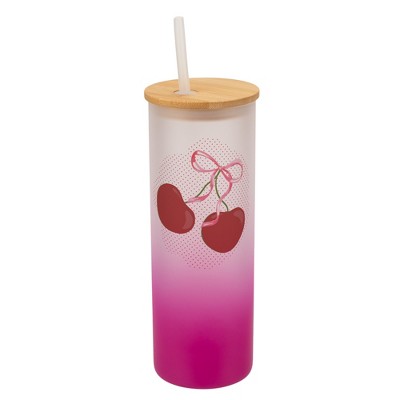 Elanze Designs 25 Ounce Frosted Glass Gradient Travel Tumbler With Straw and Wooden Lid, Cherry Bow Pink