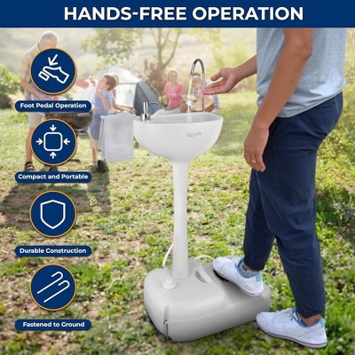 SereneLife White Portable Camping Sink with Foot Pump and Soap Dispenser