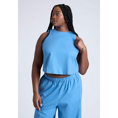 ELOQUII Women's Plus Size Linen-Blend Boxy Scoop Neck Crop Tank