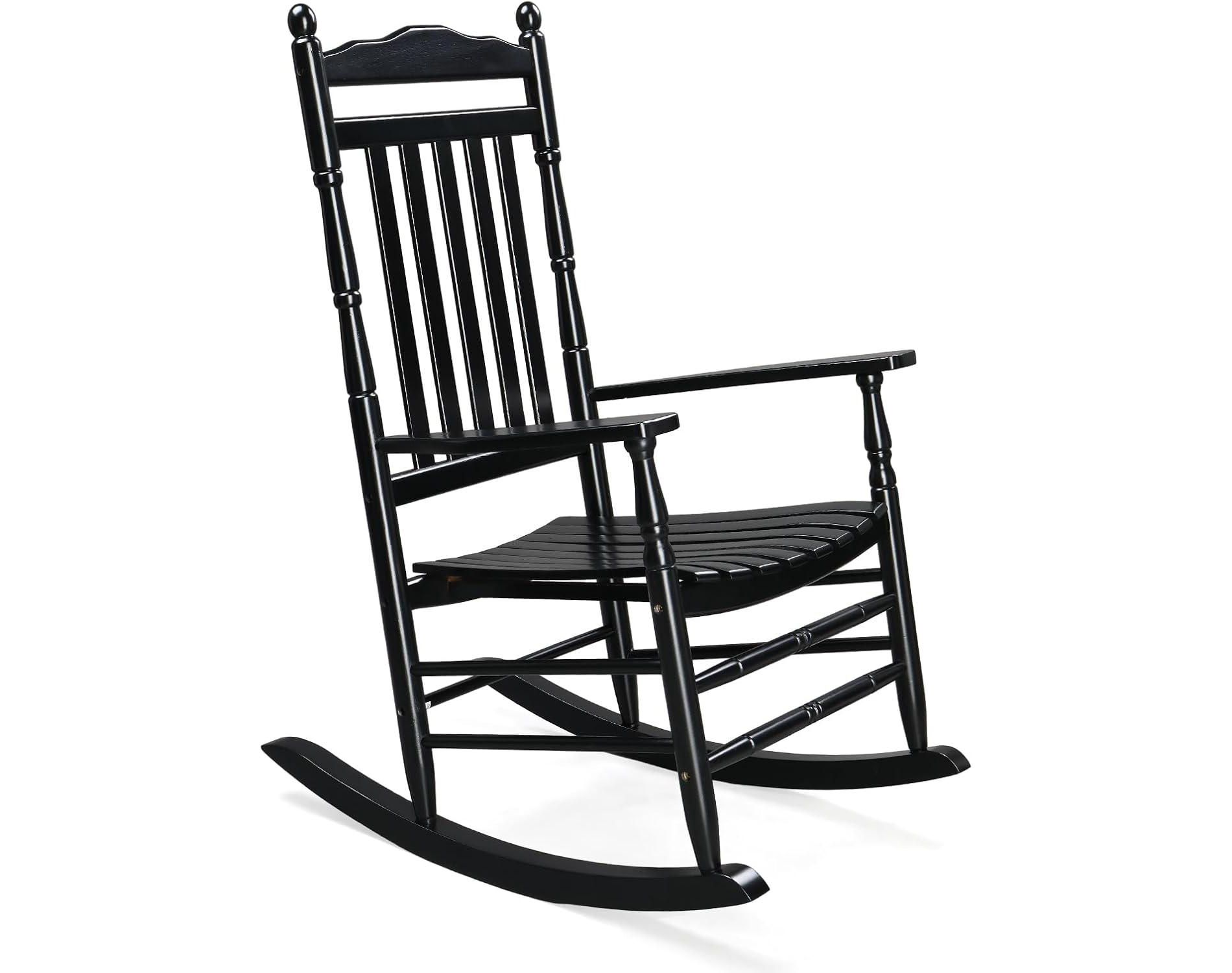 VINGLI Wooden Rocking Chair Outdoor, Relaxing Rocker Solid Wood High Back Seat Reclining Seat, Black