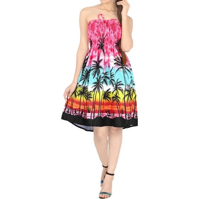 LA LEELA Women's House Daily Routine Evening Wear Boho Backless Smocked Mini Flowy Dress Tube Top Strapless Dresses for Women One Size Pink, Tree