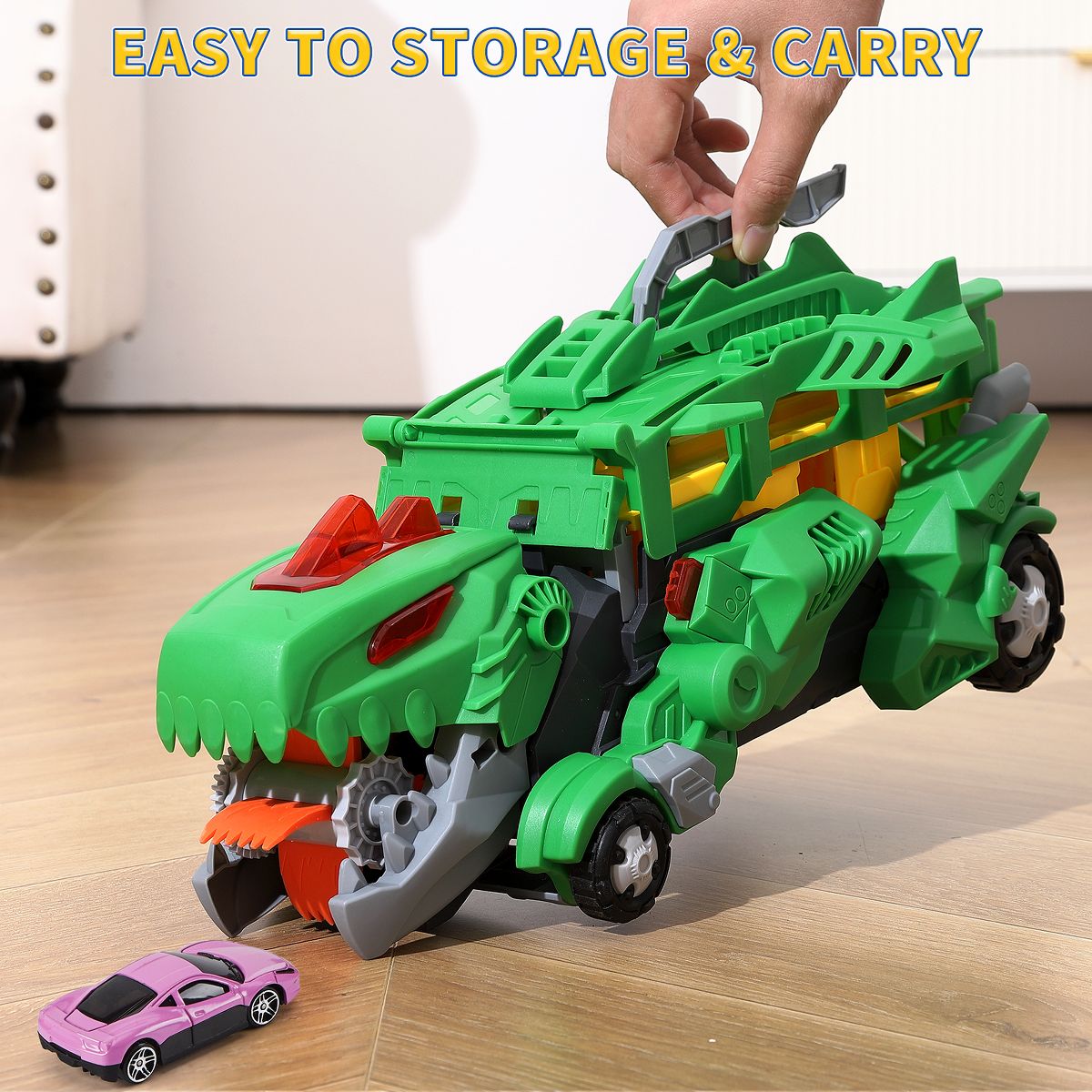 Toddler Toys Car Track Set for 3 4 5 6 Years Old Boys, Dinosaur Transporter Car Race Track with 12 Die-Cast Car Toys, Ejecting Dinosaur Track - thumbnail 2