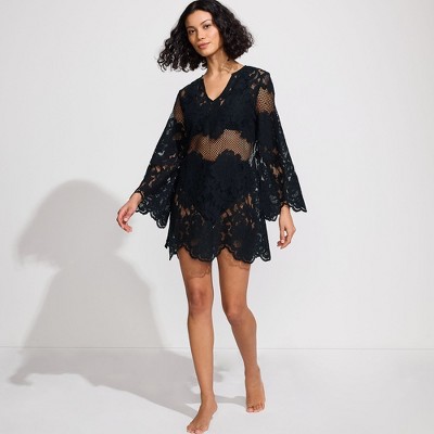 Lands' End Women's Long Sleeve Lace Mini Swim Cover-Up Dress
