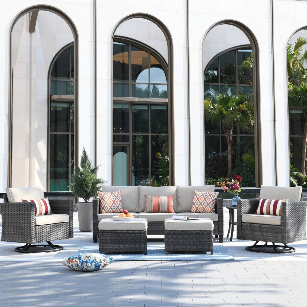 Photos - Garden Furniture Ovios Tampa 6pc Wicker Outdoor Patio Furniture Conversation Sofa Set with Swivel Chairs and Orange Red Cushions