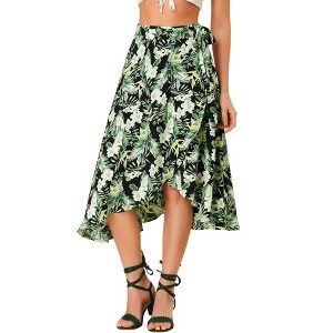 Allegra K Women's Tie Waist Hawaiian Tropical Floral Wrap Midi Skirt - 1 of 4