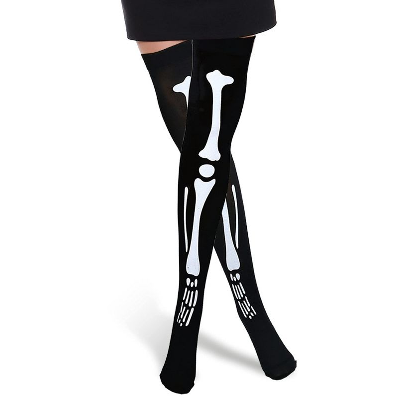 Skeleteen Womens Skeleton Bone Thigh High Socks Costume Accessory - Black, 2 of 6