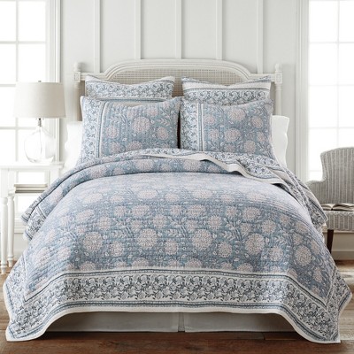 Adare Blue and White Cotton Floral Full/Queen Quilt Set