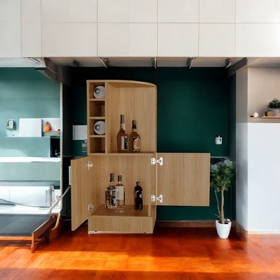 Alilang 18.50 Inch Corner Bar Cabinet with Open Shelves and Double Door Storage for Home Organization-Oak