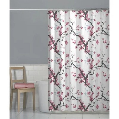 LunaLulinlk Cherry Blossom Floral Fabric Shower Curtain, Pink